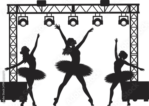 Silhouette ballet dancers on stage, graceful performance, artistic expression, spotlight show, classical dance, elegance, choreography, cultural art, entertainment scene