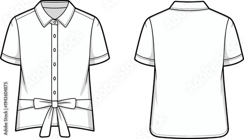 Women, button, blouse, technical, fashion, drawing, front, back, view, short, sleeve, waist, tie, casual, 