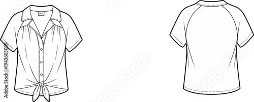 Women, casual, tied, blouse, technical, fashion, drawing, front, back, view, short, sleeve, button, collar, summer, apparel, garment, template, vector, illustration