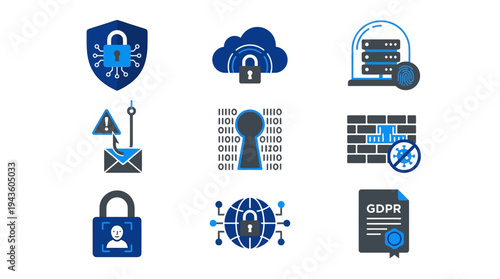A collection of cybersecurity icons on a white background