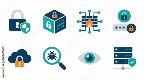A collection of cybersecurity icons on a white background