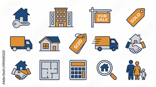 A collection of real estate icons on a white background