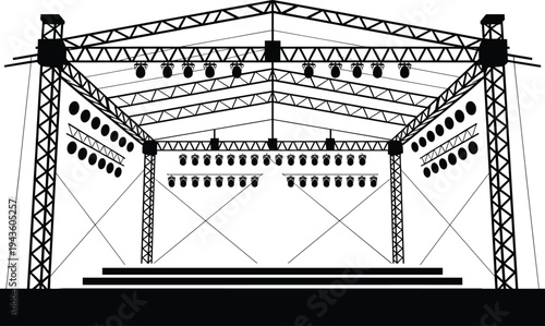 Outdoor concert stage silhouette with metal truss system and professional lighting equipment for music festivals, live events and performance mockups,