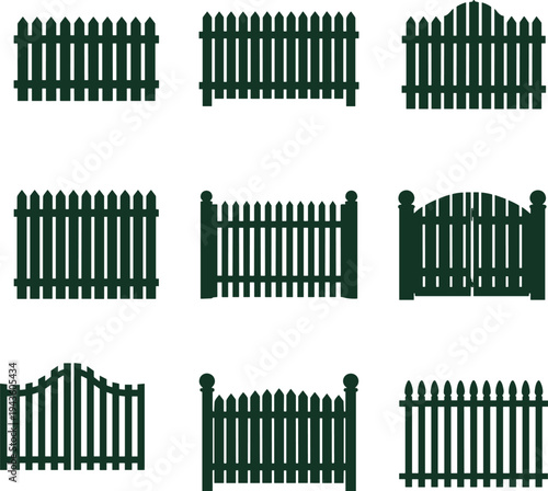 Wooden garden fence icon set green picket gate outdoor yard barrier silhouette vector illustration isolated on white background