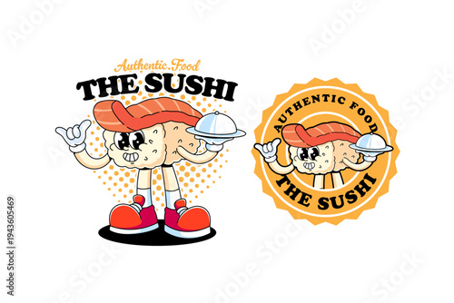 Salmon nigiri sushi retro cartoon character illustration standing and carrying a tray for restaurant and eatery. Japanese sushi nigiri mascot for culinary merchandise
