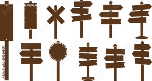 Wooden signpost silhouette collection set with blank direction boards rustic wayfinding signs isolated on white background, vintage flat vector illustration