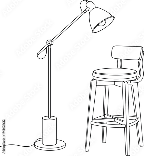 Minimalist continuous line art drawing of a modern wooden bar stool and adjustable floor lamp for interior home decor design,