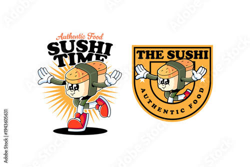 A cheerful tamago nigiri character in a playful and colorful cartoon style, is dancing with a friendly smile for merchandise. Egg nigiri sushi japanese food mascot is shown dancing happily
