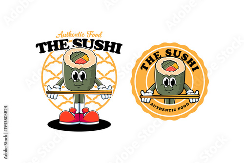 A cheerful and funky retro cartoon maki sushi roll character is standing and carrying a chopstick. Cute maki sushi roll character with seaweed wrap and visible fillings