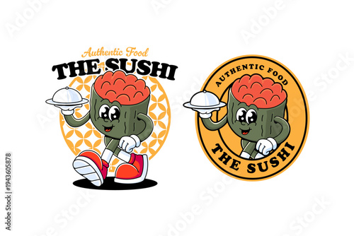Retro groovy with fish roe sushi mascot. Funny retro cartoon gunkan roe sushi character is walking and carrying a tray for sushi restaurant merchandise.