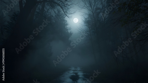 thick forest fog, moonlight shining from behind