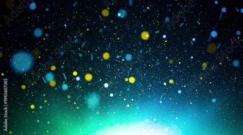 Abstract background with glowing blue, green, and yellow bokeh particles resembling a starry night or cosmic dust in a vibrant, ethereal light display.