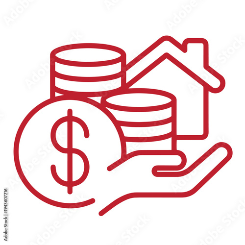 Red line icon of a hand holding coins and a house symbolizing saving money for a home loan or mortgage concept