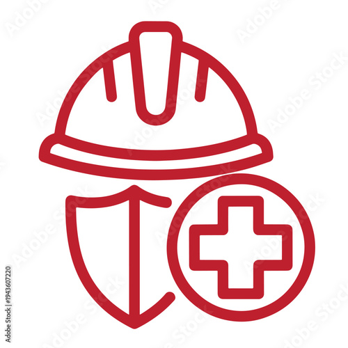 Red line icon of a hard hat with a shield and a medical cross symbol