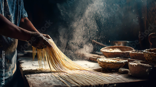 Traditional noodle making process in local kitchen with flour particles and dynamic movement, Generative AI illustrations.