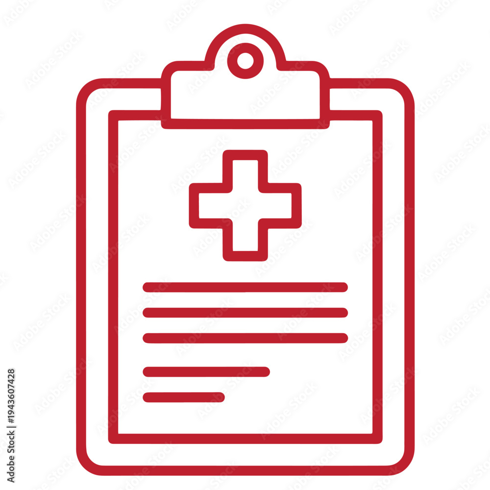Obraz premium Red medical clipboard icon with cross on paper medical document symbol