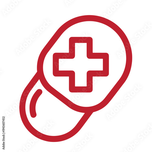 Red medical cross pill icon for health and medicine concepts  isolated on white background
