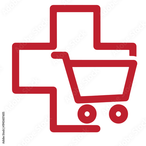 red shopping cart and medical cross symbol combination icon for healthcare products or pharmacy online store concept