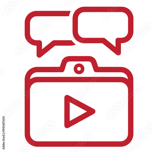 Red video camera icon with play button and speech bubbles for comments  social media and video content concept