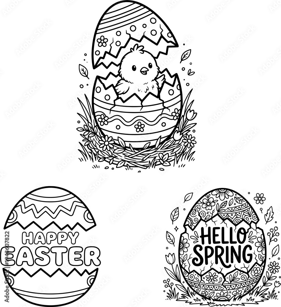 Fototapeta premium Cute Easter Chick Hatching and Spring Egg Coloring Set