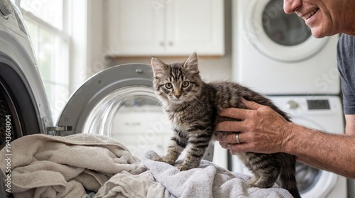 Domestic tabby cat standing on a pile of towels inside a laundry room while a person gently holds the cat near a washing machine and dryer in the background