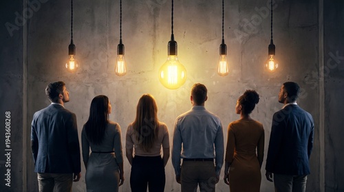 Business team looking at a bright lightbulb, concept of innovation and creativity