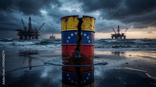 Venezuelan oil crisis concept with cracked barrel leaking crude oil on the beach near offshore oil rigs