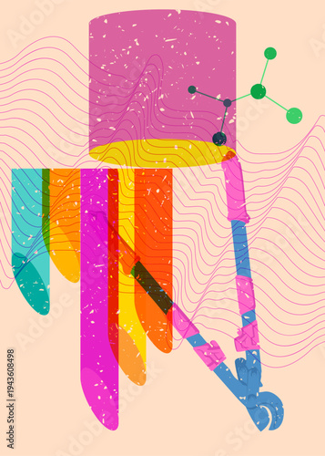 Risograph Wire cutter with geometric shapes. Objects in trendy riso graph print texture style design with geometry elements.