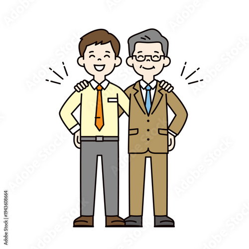 笑顔で肩を組む、若い男性社員・ビジネスマンと中高年の社長・経営者の全身ベクターイラスト素材