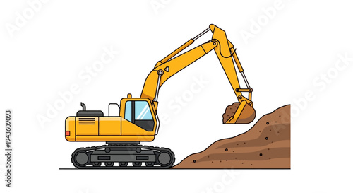 Yellow heavy duty excavator operating on a construction site, actively digging and moving earth, illustrating groundwork and demolition processes with industrial machinery