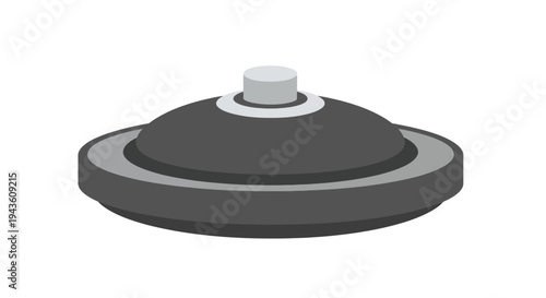 Illustration of a simple, modern, round, dark gray UFO with a light gray top and central knob