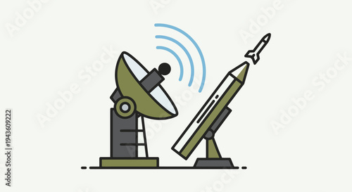 Military radar system and missile launch illustration, symbolizing defense and technology