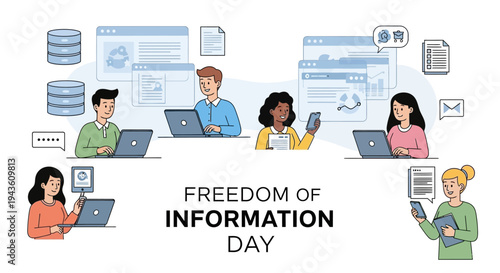 Illustration of diverse people using devices and accessing information on Freedom of Information Day with a design concept promoting government transparency and public access.