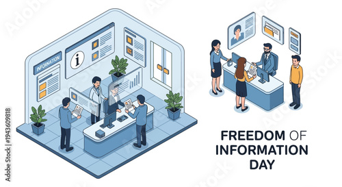 Isometric illustration of people interacting in an office setting on Freedom of Information Day with a design promoting government transparency and public access to information.