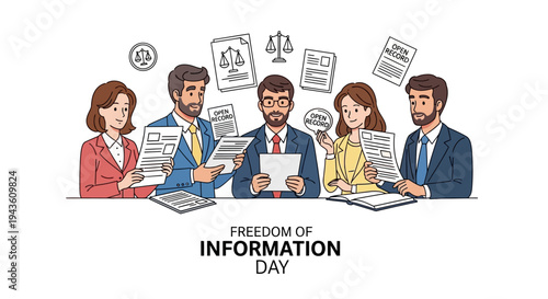 Illustration of a group of business professionals reading documents on Freedom of Information Day with a design celebrating government transparency and public access to information.