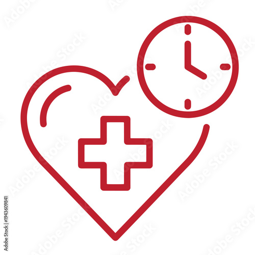 red heart with medical cross and clock icon for healthcare and time concept