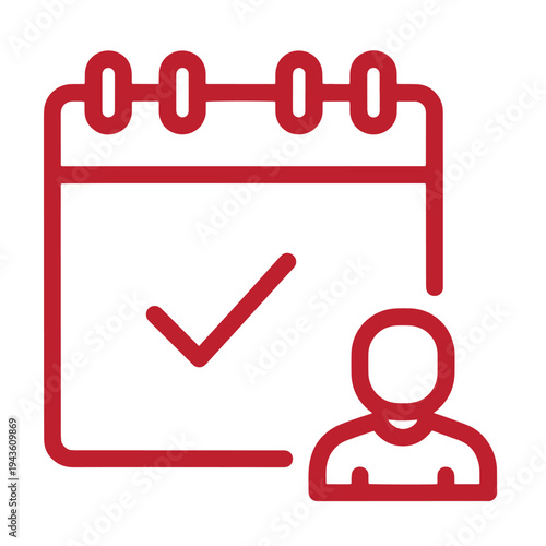Red icon of a calendar with a checkmark and a person  symbolizing scheduling and confirmation