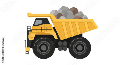 Yellow industrial dump truck transporting rocks. Earthmoving equipment for mining and construction operations, presented in a vector illustration
