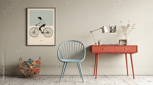 Minimalist kid's room with vintage blue chair and red desk, white lamp on desk, colorful toy basket nearby, wall art of dog riding bike, muted beige walls, cozy playful interior design