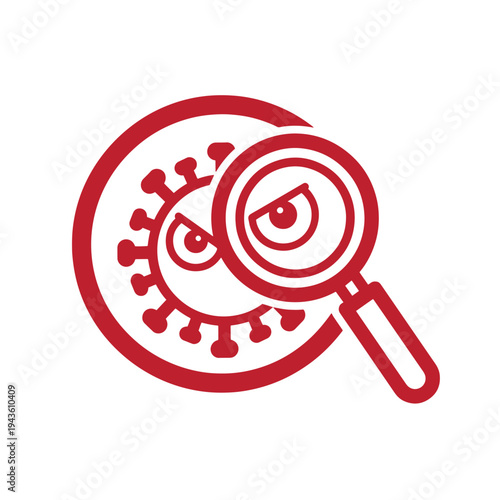 Red magnifying glass examining a virus cell icon for health and medical research purposes online