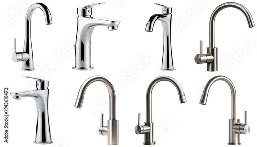 Foto Collection of modern chrome and brushed metal kitchen and bathroom faucets isolated on transparent background