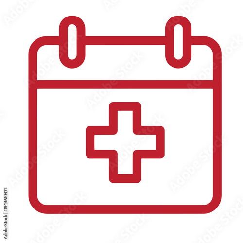 Red medical calendar icon with cross symbol on white background