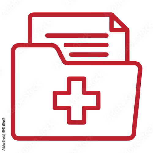 Red medical file folder icon with a plus sign and paper  symbol for healthcare and medical records