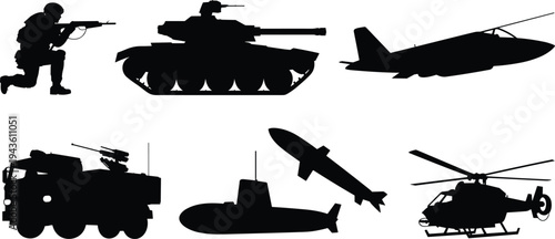 Military equipment silhouettes collection, soldier tank fighter jet helicopter submarine missile armored vehicle army defense technology vector icons set