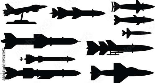 Military missile silhouettes collection, guided rockets bombs and air weapons set, defense technology aviation combat vector illustration icons