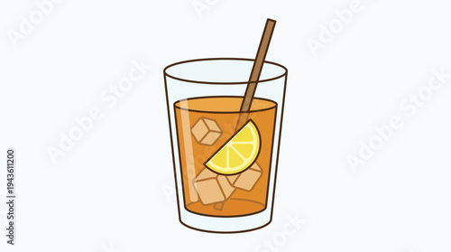 Cartoon illustration of clear glass filled with iced tea lemon