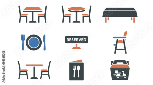 Dining table icon set for restaurant and food service symbols