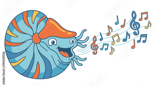 Cartoon illustration of a nautilus singing with musical notes output