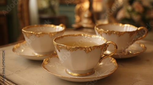 Three Delicate Porcelain Teacups with Ornate Gold Rims Resting on Saucers, Evoking Vintage Charm and Refined Taste