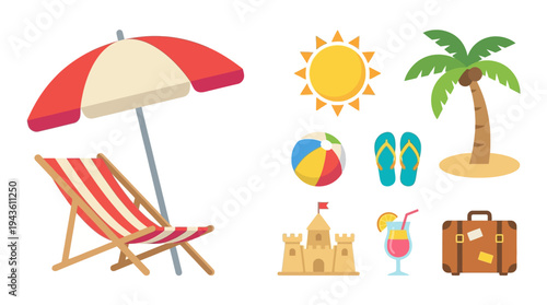 Beach icon set with lounge chair and umbrella vacation symbols